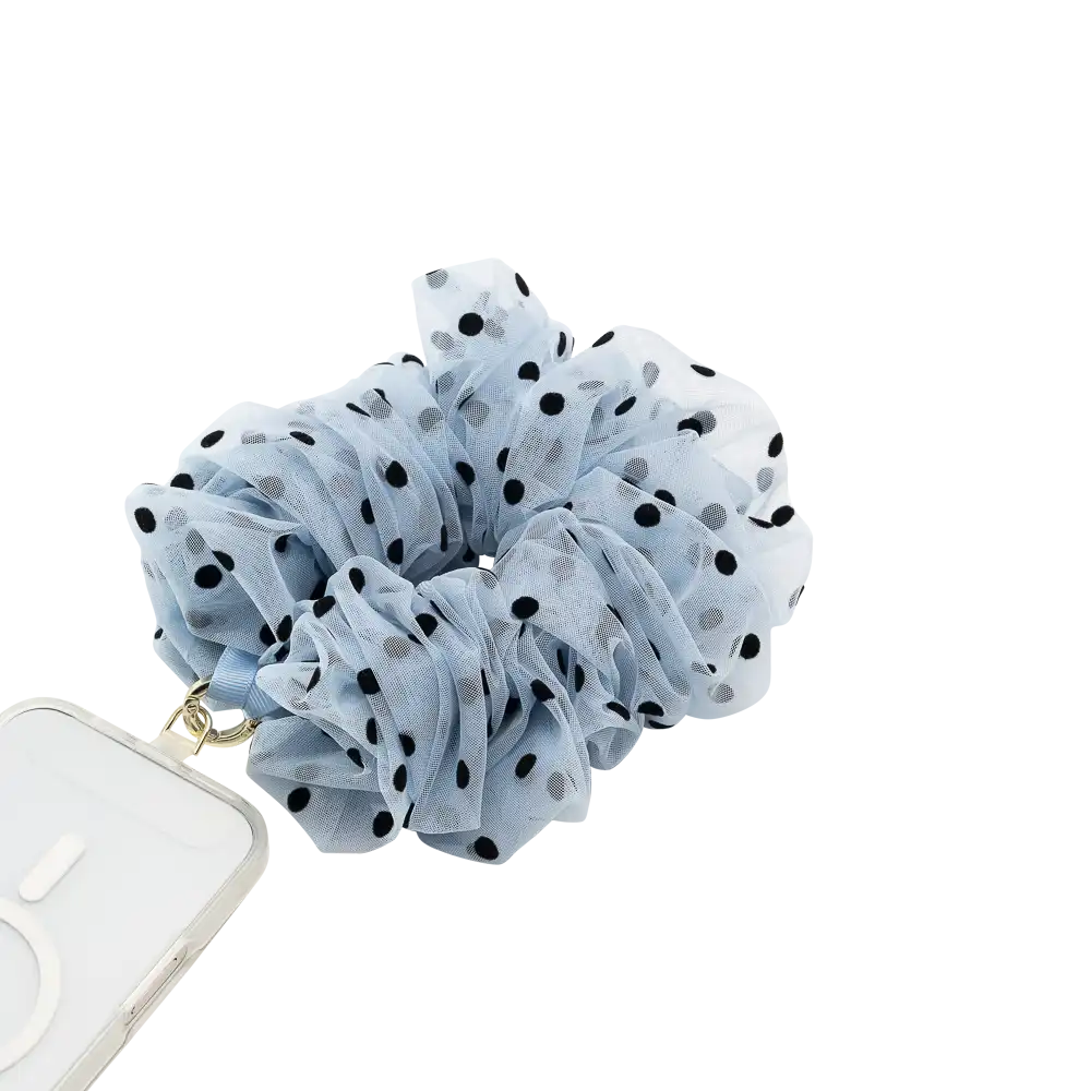 Polka Dot Tulle Blue Scrunchie — Phone Wristlet