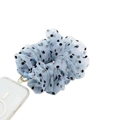 Polka Dot Tulle Blue Scrunchie — Phone Wristlet